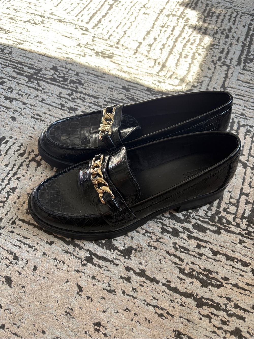Old Navy Black Croc-Embossed Loafers with Gold Chain Accent